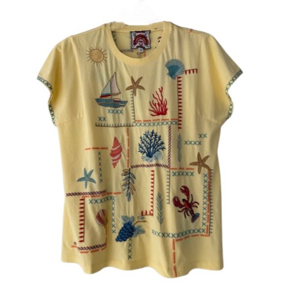 Johnny Was Amalfi Boxy Square Tee Shirt Embroidery Swing Sunshine Yellow Top NEW - Picture 1 of 6